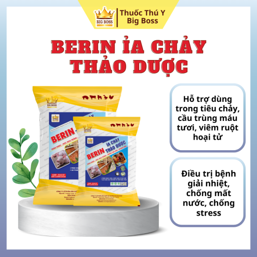 BERIN - ỈA CHẢY THẢO DƯỢC - 1KG.  Dùng trong bệnh ỉa chảy, tăng cường hiệu quả trong điều trị bệnh cầu trùng máu tươi, chống mất nước.     giải nhiệt, viêm ruột hoại tử chảy máu