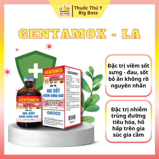 GENTAMOX - LA - 100ML. Đặc trị : Nhiễm khuẩn đường tiêu hóa, hô hấp viêm nhiễm không rõ nguyên nhân.