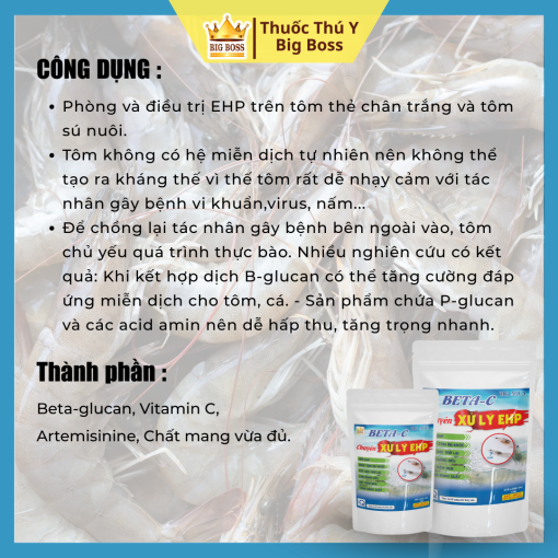 XỬ LÝ EHP BETA – C - 100g. Tăng sức đề kháng, xử lý EHP trên tôm, Diệt kí sinh trùng, virus vi khuẩn đường ruột và phân trắng. - Hình ảnh 2